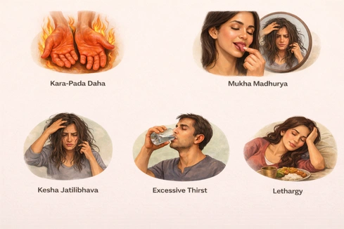 A medical infographic illustrating the Established Symptoms (Rupa) Causes of Diabetes, including Kara-Pada Daha (burning sensation in hands/feet), Mukha Madhurya (sweet taste in mouth), Kesha Jatilibhava (matting of hair), Excessive Thirst, and Lethargy.