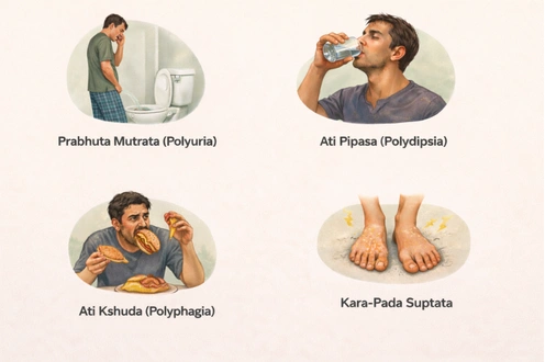 A detailed medical infographic illustrating the Early Warning Signs (Purvarupa) Causes of Diabetes, including Prabhuta Mutrata (Polyuria), Ati Pipasa (Polydipsia), Ati Kshuda (Polyphagia), and Kara-Pada Suptata (numbness in hands and feet).