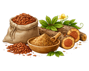 A botanical illustration showing Vijaysar (Pterocarpus marsupium) logs, leaves, and ground powder in a bowl, a cornerstone of Ayurvedic Herb Medicines For Diabetes.