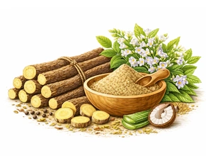 A professional arrangement of Yashtimadhu (Licorice/Mulethi) sticks and powder, showcasing the natural texture of this Powerful Ayurvedic Medicine for GERD & acidity, used for soothing the digestive tract.