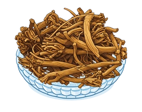 Illustration of a glass bowl filled with dried Akarkara roots, representing powerful Ayurvedic herbs and the best natural ED medication.