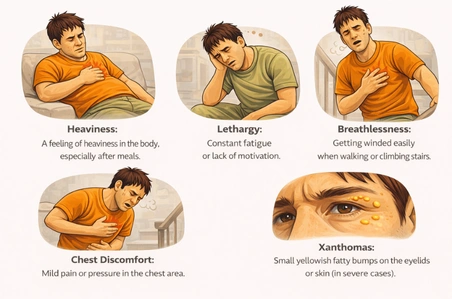 A medical infographic illustrating common symptoms like body heaviness, lethargy, breathlessness, chest discomfort, and xanthomas (yellowish fatty bumps on eyelids), representing the visible signs related to Lifestyle Causes of high cholesterol.