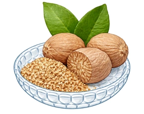 Illustration of a porcelain bowl filled with Jatiphala (nutmeg) seeds, representing one of the key Ayurvedic herbs for premature ejaculation.