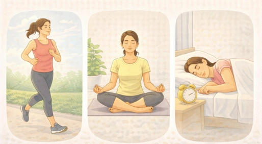 Detailed three-panel illustration depicting a healthy treatment lifestyle for womens health, featuring a woman jogging, practicing seated meditation, and getting restful sleep with an alarm clock set for a healthy routine.