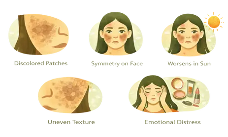 Common symptoms of melasma including discolored patches, facial symmetry, and sun sensitivity.