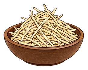 Illustration of a wooden bowl filled with Safed Musli roots, representing powerful Ayurvedic herbs and the best natural ED medication.