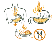 Line art illustration depicting an aggravated stomach with rising fire icons, a plate of spicy food, and a "no meals" icon, representing how irregular eating habits and poor diet serve as primary lifestyle causes of acidity.