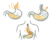 Line art illustration comparing a head silhouette filled with a storm of jagged lines and a lightning bolt icon to a calm head silhouette with balanced scales and gentle waves, illustrating emotional stress as one of the key physical causes of acidity.