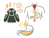 Line art illustration of a person experiencing intense mental stress, connected to silhouettes showing an aggravated stomach with rising fire icons and a blockage in the throat, illustrating how psychological distress acts as one of the primary physical causes of acidity.
