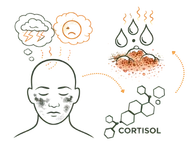 A medical infographic illustrating the Psychological Causes (Stress & Cortisol) Causes of Acne and Pimples, showing the link between mental stress, cortisol production, and the aggravation of inflammatory skin breakouts.