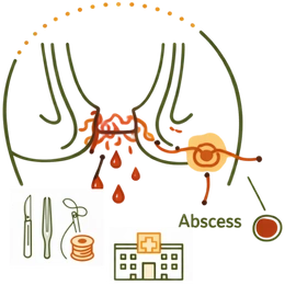 A medical diagram illustrating an Anal Fistula (Bhagandara) and abscess formation, highlighting the complex Risks & Complications of Untreated Piles & Fissures.
