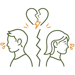 Line art illustration of a man and a woman facing away from each other with a broken heart symbol between them, representing the emotional distance risk of ignoring low sperm count.