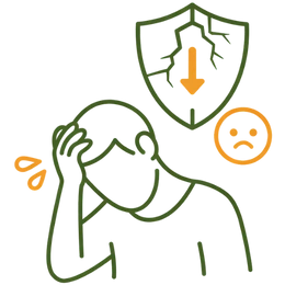 Line art illustration of a person holding their head in distress next to a cracked shield and a sad face icon, representing the low self-esteem risk of premature ejaculation.