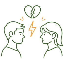 Line art illustration of a man and a woman facing each other with a broken heart and lightning bolt representing risks & complications of erectile dysfunction, like relationship strain.
