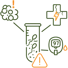 Line art illustration of a test tube containing sperm cells connected to a medical cross and a glucose monitor, representing the underlying disease risk of ignoring low sperm count.