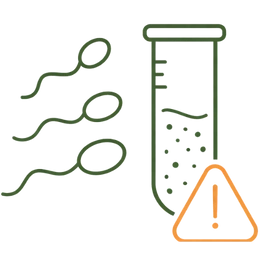 Line art illustration of sperm cells and a test tube with a warning symbol representing infertility risks & complications of erectile dysfunction.