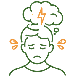 Line art illustration of a person with a lightning bolt in a stress cloud representing risks & complications of erectile dysfunction, like mental health decline.