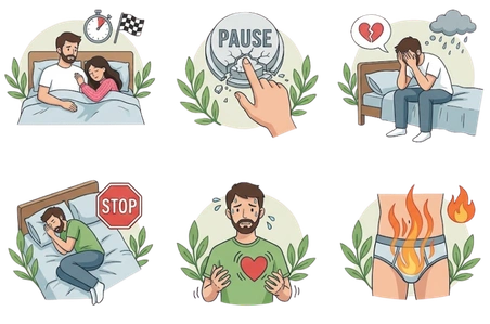 Six detailed illustrations depicting various symptoms of premature ejaculation, including lack of control and emotional distress.