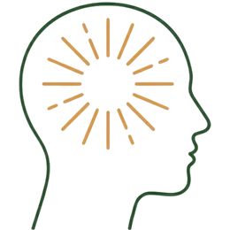 An icon-style illustration of a human head with a glowing sun symbol inside the brain, representing the mental clarity and stable energy benefits of Ayurvedic treatment for diabetes.
