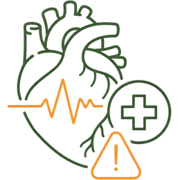 Line art illustration of a human heart with a pulse line and warning symbol representing underlying heart issues as risks & complications of erectile dysfunction.