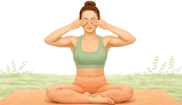 Illustration of a woman practicing Bhramari Pranayama on a yoga mat with fingers over eyes to relieve stress and improve sleep.