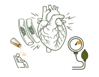 Graphic illustrating how excessive salt intake sedentary behavior and arterial plaque lead to high blood pressure readings.