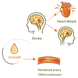 Line art illustration depicting the progression from high sugar levels to hardened arteries (Atherosclerosis), leading to severe risks like Stroke and Heart Attack, illustrating cardiovascular disease as a critical complication and highlighting why early Ayurvedic treatment for menopause matters.
