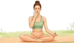 Illustration of a woman practicing Chandra Bhedana Pranayama by breathing through the left nostril to reduce anxiety and heat.