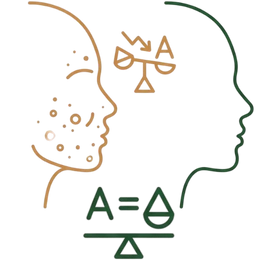 Line art illustration comparing a side profile of a face with acne and unbalanced hormonal symbols to a clear side profile with balanced scales and a decrease symbol for androgens, representing clearer skin as one of the key benefits of Ayurvedic treatment of PCOD.