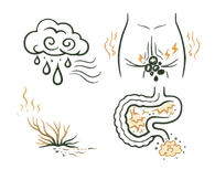 A medical infographic detailing the various Causes of Constipation, showing a human torso with a sluggish colon alongside symbolic icons of dry wind and internal heat representing elemental digestive imbalances.