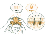 Illustration showing Vata and Kapha dosha imbalance as physical causes of dandruff and scalp scaling.