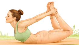Professional illustration of a person performing Dhanurasana (Bow Pose) as a key exercise in Yoga & Pranayama to Support ED Treatment Naturally.