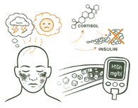 A medical infographic illustrating the Psychological Causes (Stress) Causes of Diabetes, showing how mental stress and cortisol production lead to insulin resistance and high blood sugar levels.