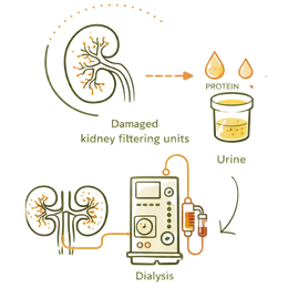 A medical illustration showing damaged kidney filtering units and protein leakage in urine, transitioning to a dialysis machine, representing the Diabetic Nephropathy Risks & Complications: The Silent Damage of High Sugar.