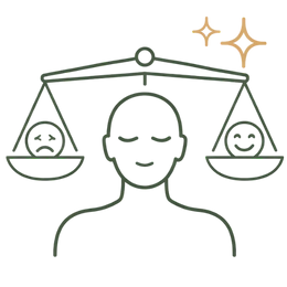 Line art illustration of a human silhouette with a sun symbol in the chest and surrounding healthy leaves, representing the emotional balance benefits of Ayurvedic treatment for low libido.