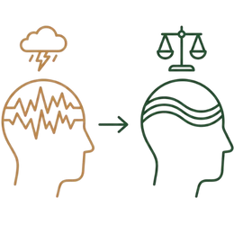 Line art illustration comparing a silhouette of a head filled with sharp zigzag lines and a storm cloud to a calm silhouette with smooth waves and balanced scales, representing emotional stability as one of the key benefits of Ayurvedic treatment for irregular periods.