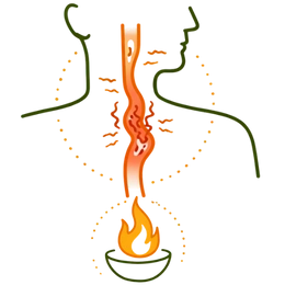 An illustrative diagram highlighting the Risk & Complications of Acidity, showing a human silhouette with an inflamed esophagus and a symbolic fire in the stomach area to represent severe burning sensations.