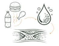 A medical infographic illustrating the Physical Causes of High Cholesterol, showing the accumulation of Medas (fatty tissue) in the blood vessels and the resulting obstruction of blood flow.