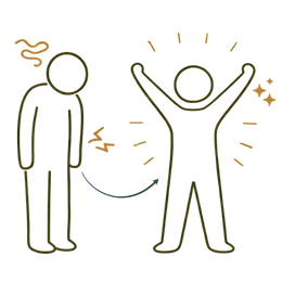 An icon-style illustration showing the transition from a fatigued, slumped posture to a vibrant, high-energy state, representing the Higher Energy Benefits of Ayurvedic Treatment for Weight Loss.