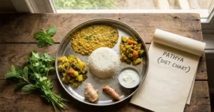 A nutritious Ayurvedic meal served on a plate illustrating how our online Ayurvedic treatment works for patients.