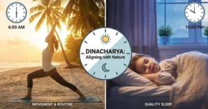Demonstration of our online Ayurvedic therapy is morning yoga and a quality sleep routine showing lifestyle balance.