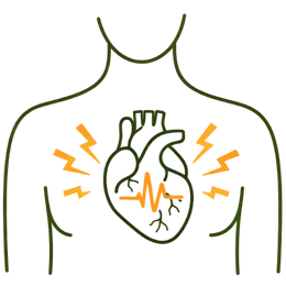 Icon showing a human heart with lightning bolts representing the risk of high blood pressure and hypertension due to chronic stress.