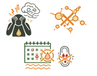 Line art illustration of a person in mental distress with a lightning bolt and a wind cloud representing Vata imbalance, connected to a calendar with missed dates and a reproductive health warning, representing the psychological causes of irregular periods.