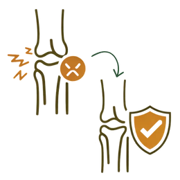 An icon-style illustration showing an inflamed knee joint transitioning to a healthy, protected state with a shield symbol, representing the Joint Protection Benefits of Ayurvedic Treatment for Weight Loss.