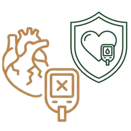 Line art illustration comparing a silhouette with heart and high blood sugar symbols to a healthy silhouette with a shield, heart, and normal blood sugar reading, representing long-term health as one of the key benefits of Ayurvedic treatment of PCOD.
