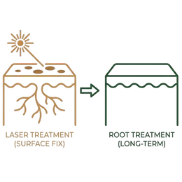 Infographic comparing laser treatment surface fix with Ayurvedic long term root treatment for hair regrowth.