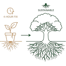 Line art illustration comparing a temporary 4-hour fix to a deep-rooted tree, representing long-term sustainable results benefits of Ayurvedic treatment for ED.