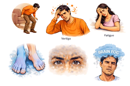 Infographic showing Low BP signs including dizziness on standing Vertigo Fatigue cold feet and Brain Fog.