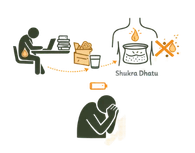 Line art illustration of a person working at a desk with junk food and a low battery symbol, representing lifestyle causes of low libido.