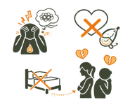 Line art illustration of a person in mental distress and a brain-body connection diagram showing how anxiety impacts reproductive desire, representing psychological causes of low libido.